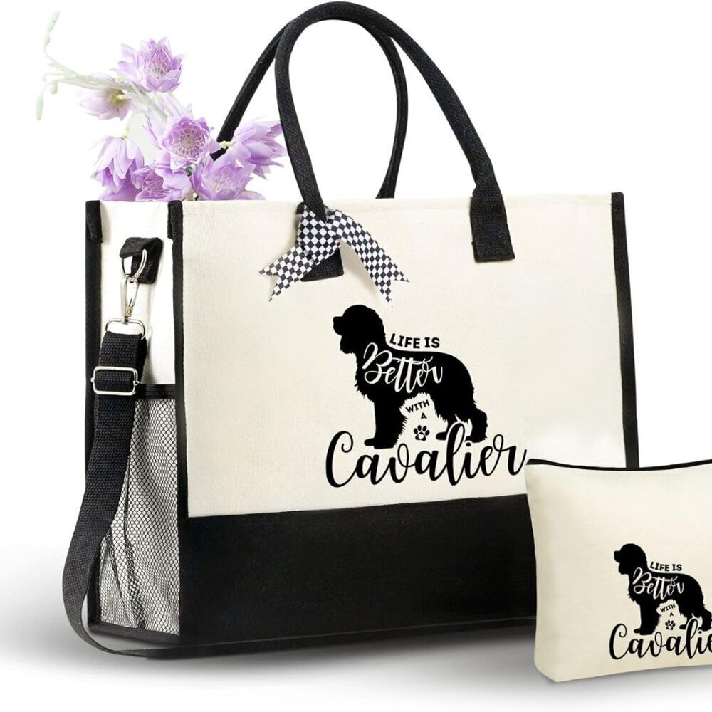 Cavalier Dog Canvas Tote Bag Women Zipper Shoulder Strap Gift for Birthdays